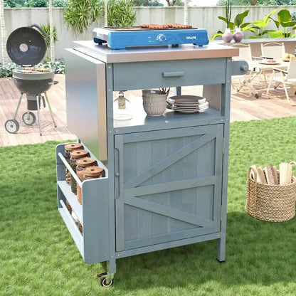 Chariot de cuisine roulant pour barbecue extérieur 40,5 pouces avec plateau en acier inoxydable, abattant, un tiroir, porte-serviettes et roues verrouillables.