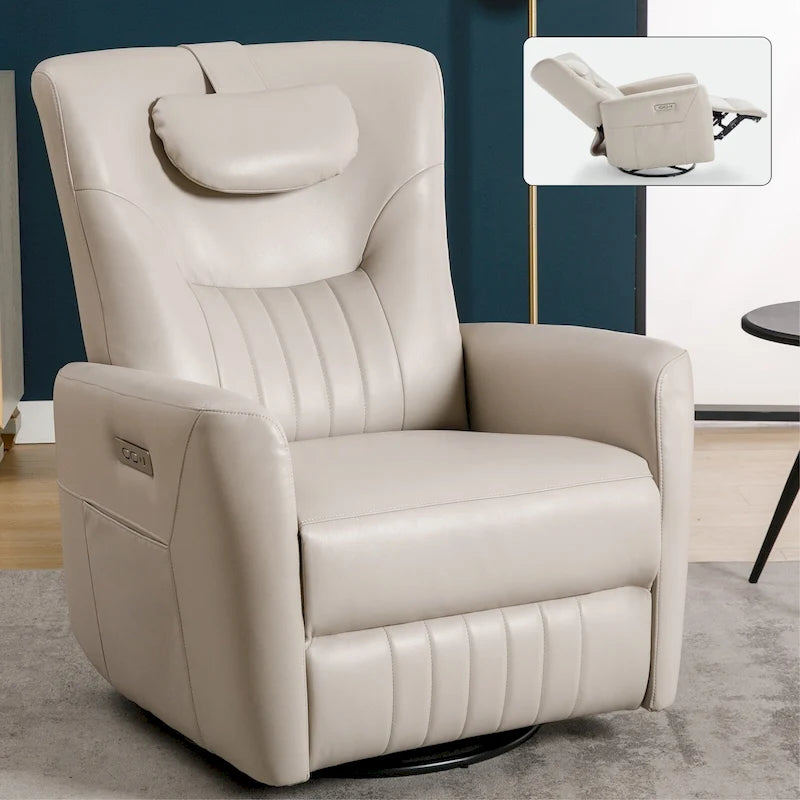Fauteuil inclinable électrique pivotant et à bascule Leatheraire, fauteuil inclinable moderne une place avec coussin de soutien lombaire et cervical, ports USB et Type-C