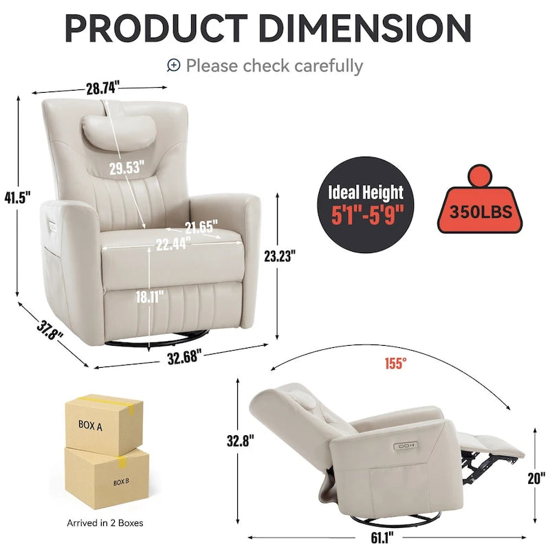 Fauteuil inclinable électrique pivotant et à bascule Leatheraire, fauteuil inclinable moderne une place avec coussin de soutien lombaire et cervical, ports USB et Type-C