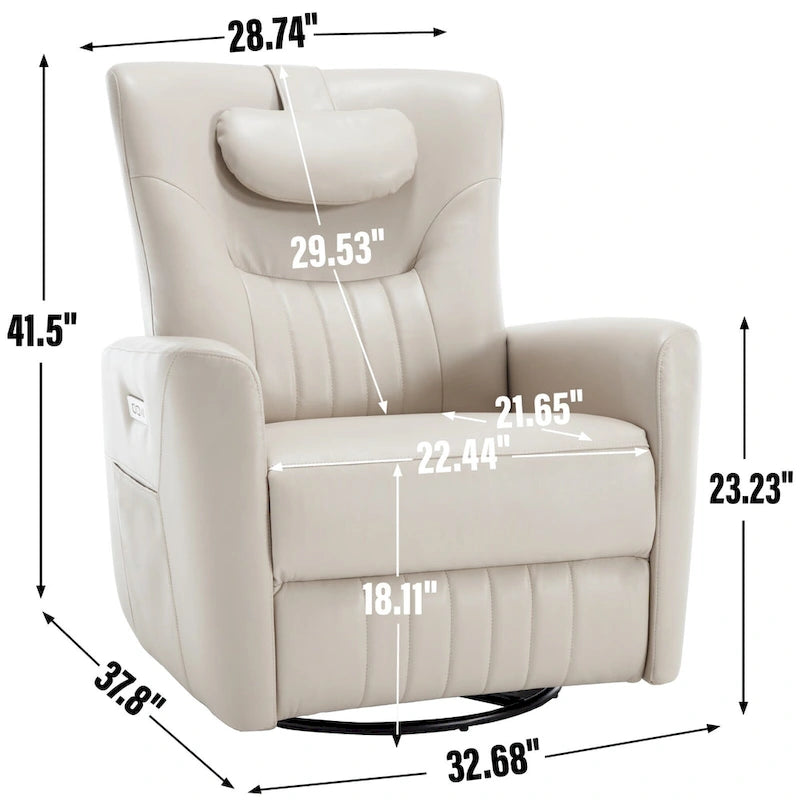 Fauteuil inclinable électrique pivotant et à bascule Leatheraire, fauteuil inclinable moderne une place avec coussin de soutien lombaire et cervical, ports USB et Type-C