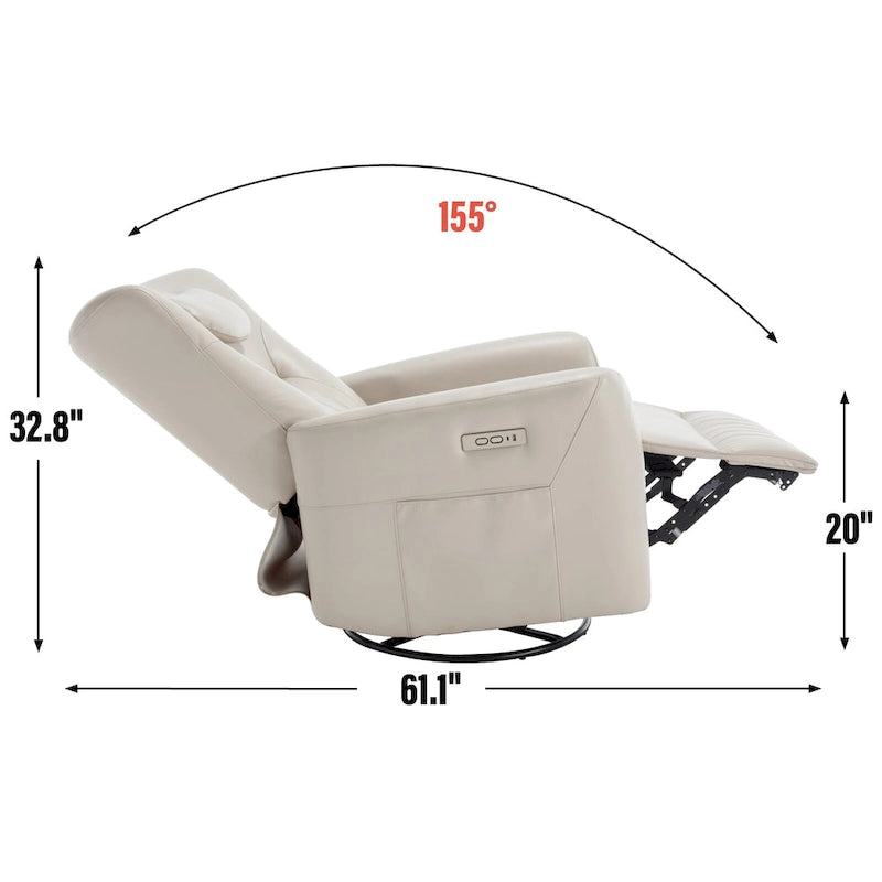 Fauteuil inclinable électrique pivotant et à bascule Leatheraire, fauteuil inclinable moderne une place avec coussin de soutien lombaire et cervical, ports USB et Type-C