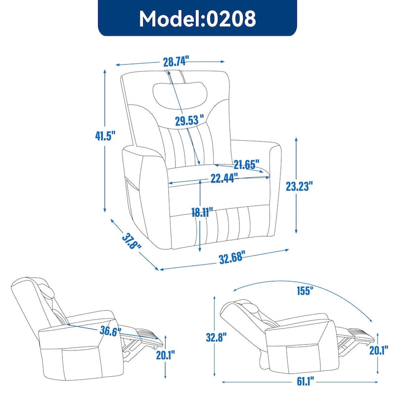 Fauteuil inclinable électrique pivotant et à bascule Leatheraire, fauteuil inclinable moderne une place avec coussin de soutien lombaire et cervical, ports USB et Type-C