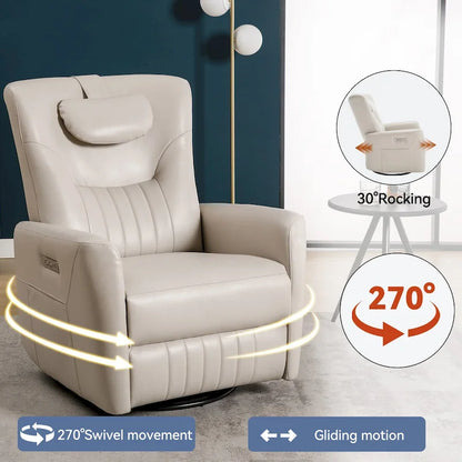 Fauteuil inclinable électrique pivotant et à bascule Leatheraire, fauteuil inclinable moderne une place avec coussin de soutien lombaire et cervical, ports USB et Type-C