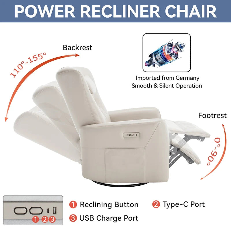 Fauteuil inclinable électrique pivotant et à bascule Leatheraire, fauteuil inclinable moderne une place avec coussin de soutien lombaire et cervical, ports USB et Type-C