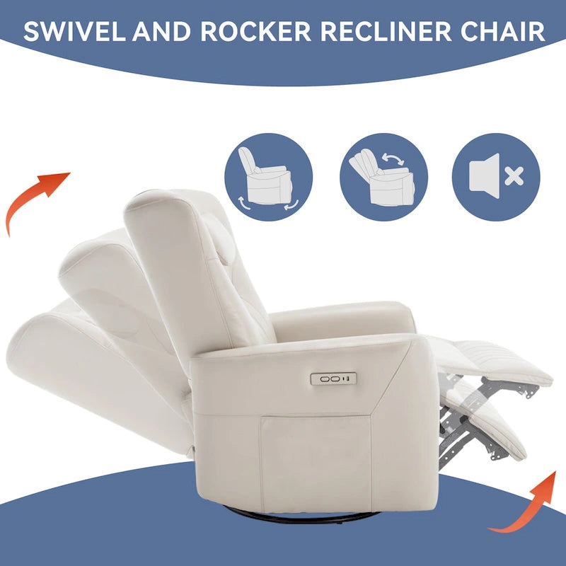 Fauteuil inclinable électrique pivotant et à bascule Leatheraire, fauteuil inclinable moderne une place avec coussin de soutien lombaire et cervical, ports USB et Type-C