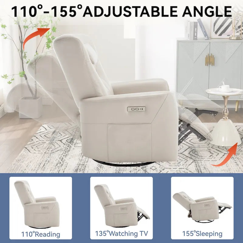 Fauteuil inclinable électrique pivotant et à bascule Leatheraire, fauteuil inclinable moderne une place avec coussin de soutien lombaire et cervical, ports USB et Type-C