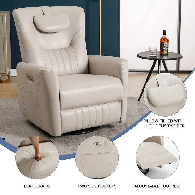 Fauteuil inclinable électrique pivotant et à bascule Leatheraire, fauteuil inclinable moderne une place avec coussin de soutien lombaire et cervical, ports USB et Type-C