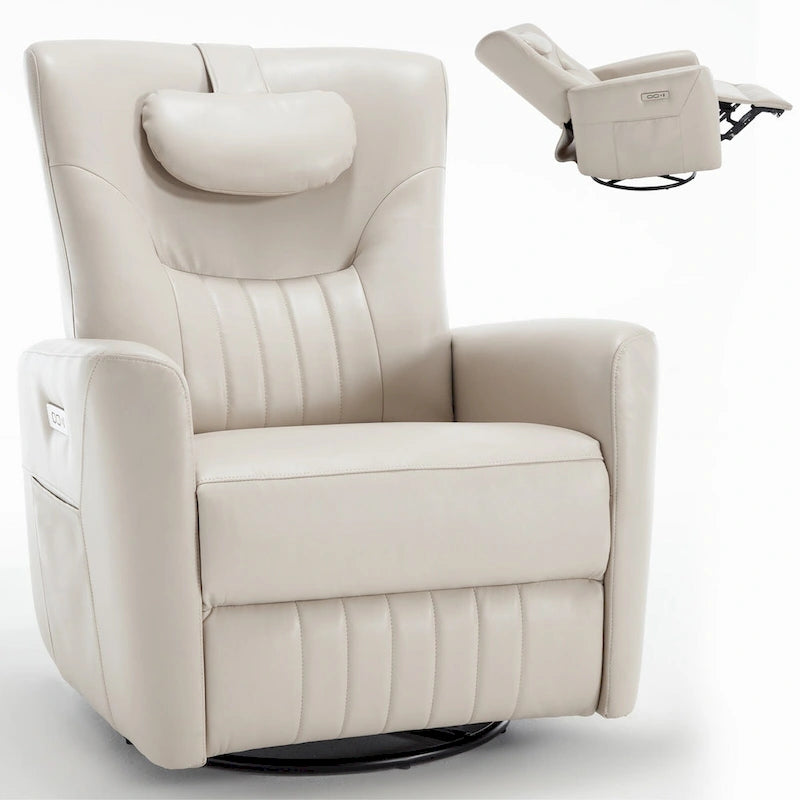 Fauteuil inclinable électrique pivotant et à bascule Leatheraire, fauteuil inclinable moderne une place avec coussin de soutien lombaire et cervical, ports USB et Type-C