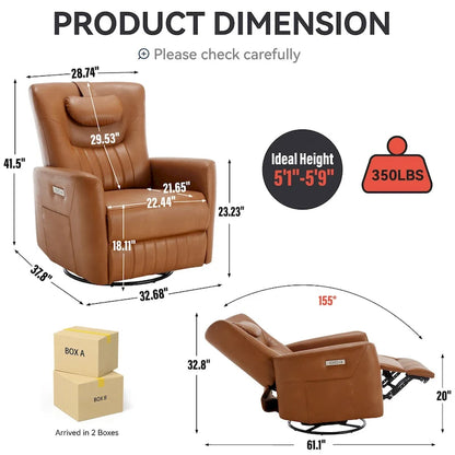 Fauteuil inclinable électrique pivotant et à bascule Leatheraire, fauteuil inclinable moderne une place avec coussin de soutien lombaire et cervical, ports USB et Type-C