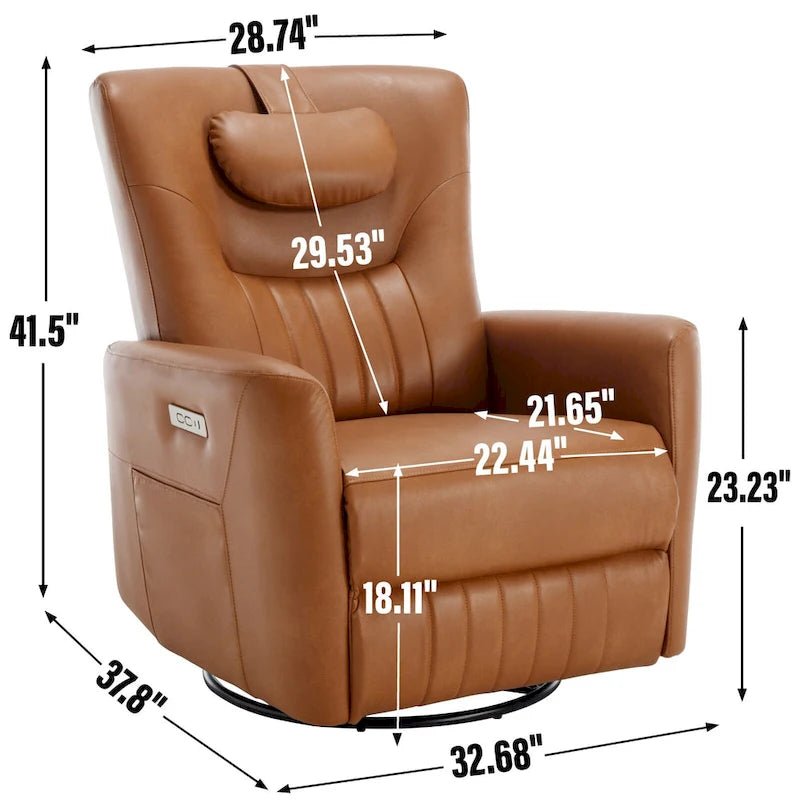 Fauteuil inclinable électrique pivotant et à bascule Leatheraire, fauteuil inclinable moderne une place avec coussin de soutien lombaire et cervical, ports USB et Type-C