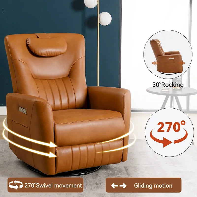 Fauteuil inclinable électrique pivotant et à bascule Leatheraire, fauteuil inclinable moderne une place avec coussin de soutien lombaire et cervical, ports USB et Type-C