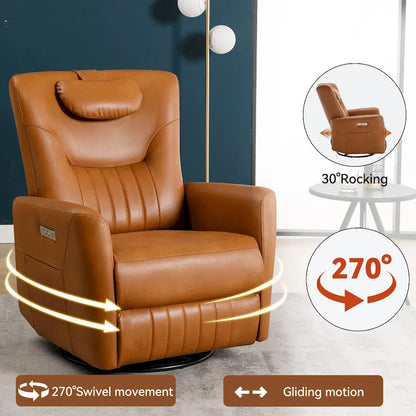 Fauteuil inclinable électrique pivotant et à bascule Leatheraire, fauteuil inclinable moderne une place avec coussin de soutien lombaire et cervical, ports USB et Type-C
