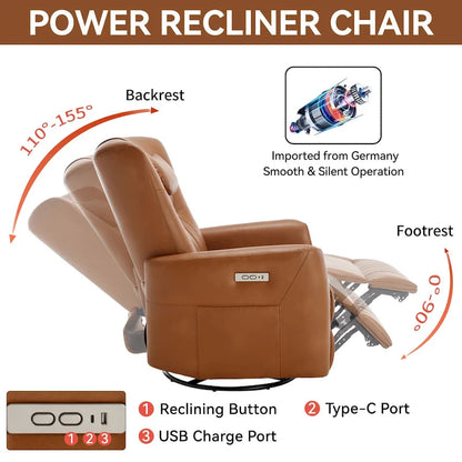 Fauteuil inclinable électrique pivotant et à bascule Leatheraire, fauteuil inclinable moderne une place avec coussin de soutien lombaire et cervical, ports USB et Type-C