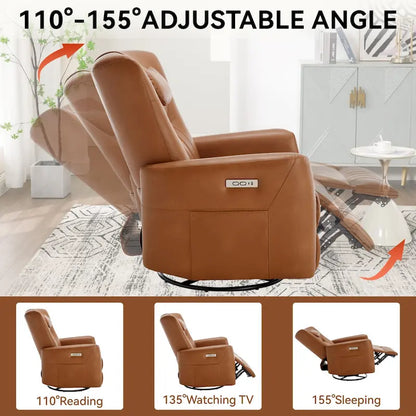 Fauteuil inclinable électrique pivotant et à bascule Leatheraire, fauteuil inclinable moderne une place avec coussin de soutien lombaire et cervical, ports USB et Type-C