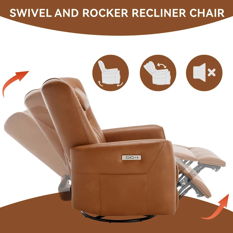Fauteuil inclinable électrique pivotant et à bascule Leatheraire, fauteuil inclinable moderne une place avec coussin de soutien lombaire et cervical, ports USB et Type-C