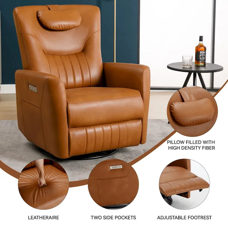 Fauteuil inclinable électrique pivotant et à bascule Leatheraire, fauteuil inclinable moderne une place avec coussin de soutien lombaire et cervical, ports USB et Type-C