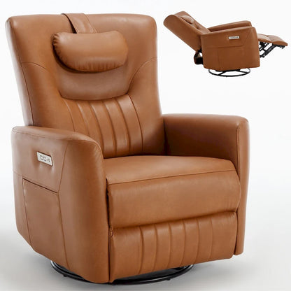 Fauteuil inclinable électrique pivotant et à bascule Leatheraire, fauteuil inclinable moderne une place avec coussin de soutien lombaire et cervical, ports USB et Type-C