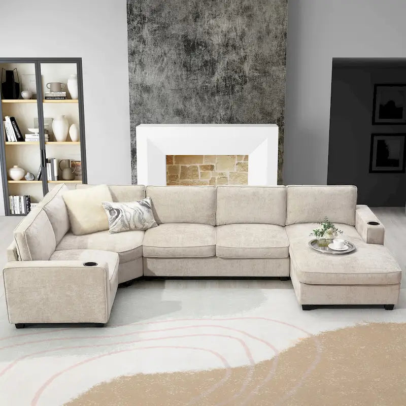 Canapé d'angle en forme de U, ensemble canapé d'angle en chenille avec porte-gobelets