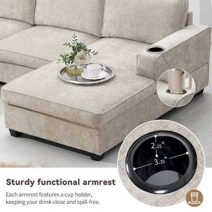 Canapé d'angle en forme de U, ensemble canapé d'angle en chenille avec porte-gobelets