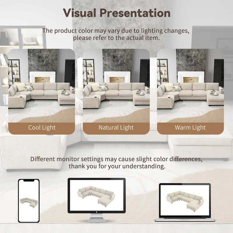 Canapé d'angle en forme de U, ensemble canapé d'angle en chenille avec porte-gobelets