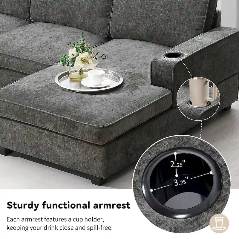 Canapé d'angle en forme de U, ensemble canapé d'angle en chenille avec porte-gobelets