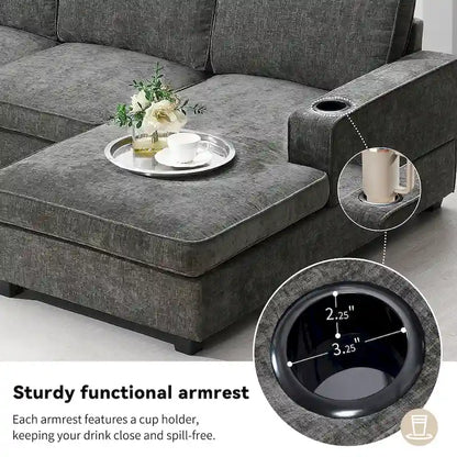 Canapé d'angle en forme de U, ensemble canapé d'angle en chenille avec porte-gobelets