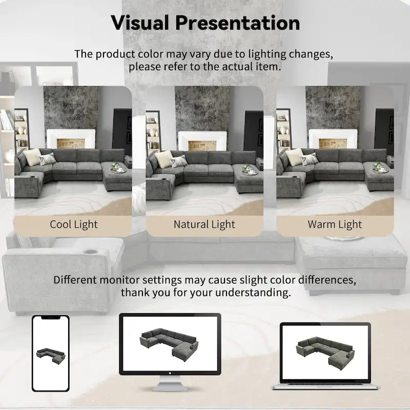 Canapé d'angle en forme de U, ensemble canapé d'angle en chenille avec porte-gobelets