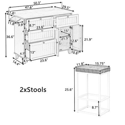 Ensemble îlot de cuisine TOPMAX avec abattant et 2 places assises, ensemble table et chaises avec étagère réglable, tiroirs et porte-serviettes