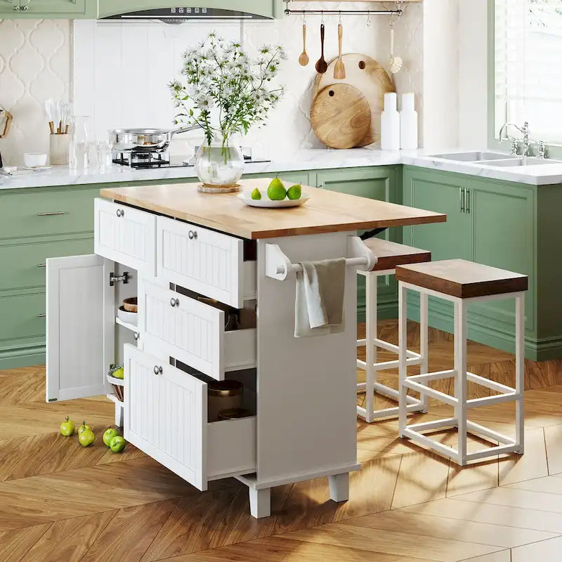 Ensemble îlot de cuisine TOPMAX avec abattant et 2 places assises, ensemble table et chaises avec étagère réglable, tiroirs et porte-serviettes