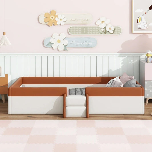 Kids Floor Bed with Fence, PU Upholstered Daybed Frame, Wood Slat Panel Bed w/ Small Stairs for Kids Girls Boys