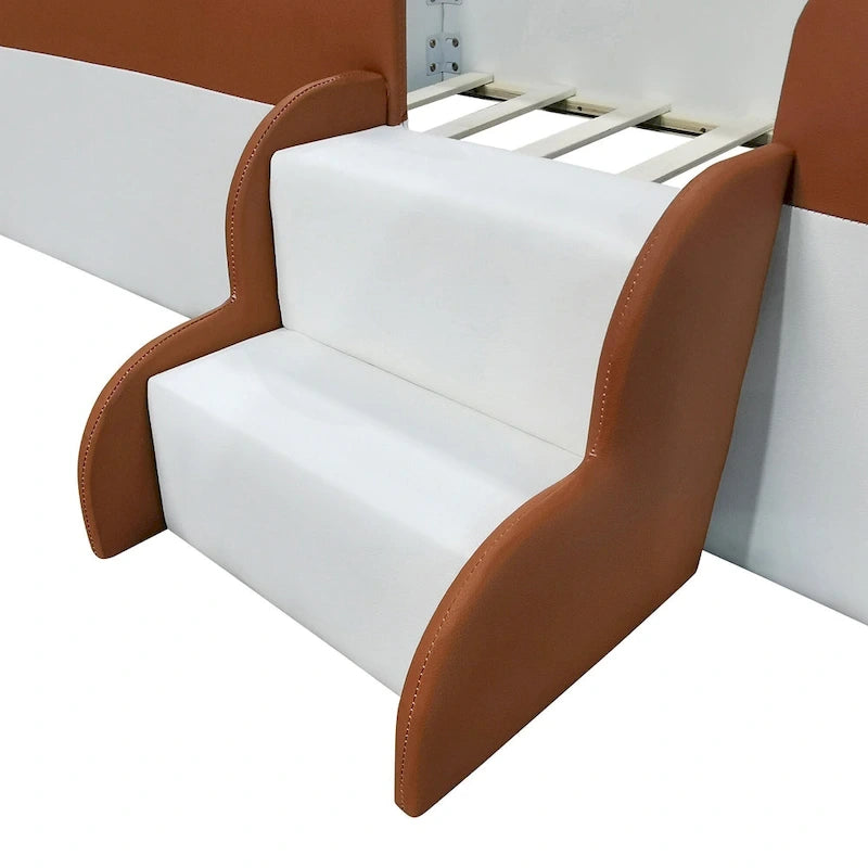 Lit de sol pour enfants avec barrière, cadre de lit de jour rembourré en PU, lit à lattes en bois avec petit escalier pour enfants filles et garçons