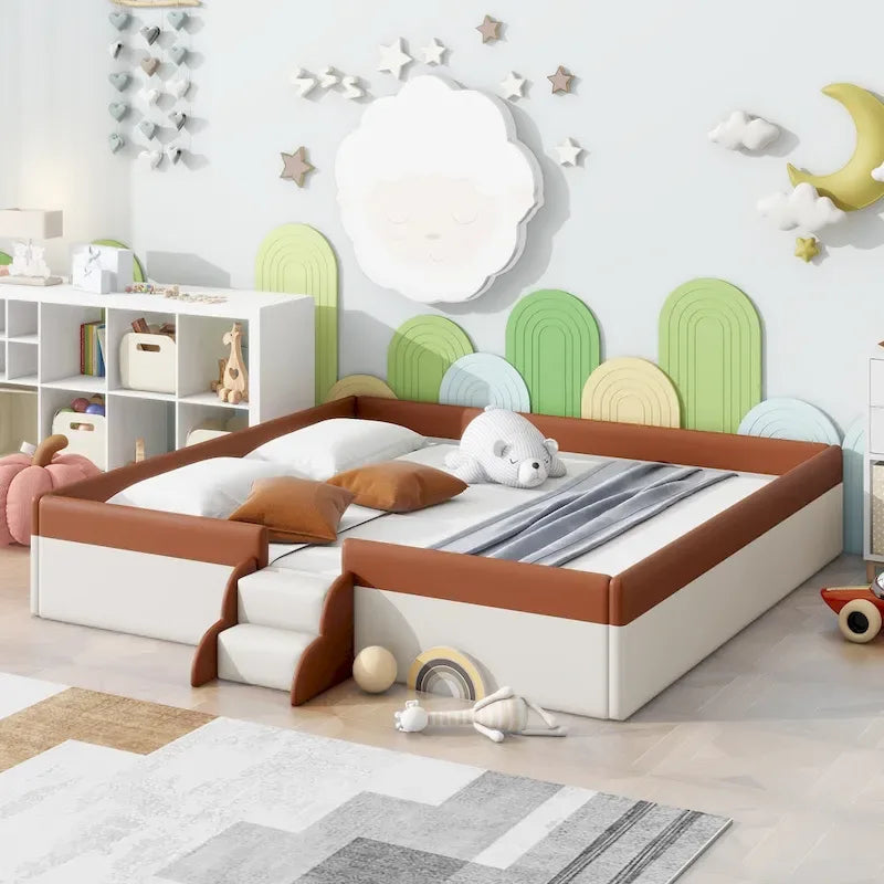 Lit de sol pour enfants avec barrière, cadre de lit de jour rembourré en PU, lit à lattes en bois avec petit escalier pour enfants filles et garçons
