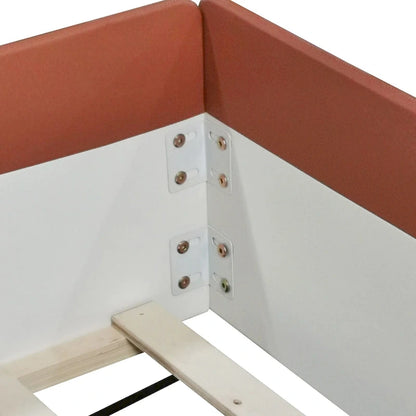 Lit de sol pour enfants avec barrière, cadre de lit de jour rembourré en PU, lit à lattes en bois avec petit escalier pour enfants filles et garçons