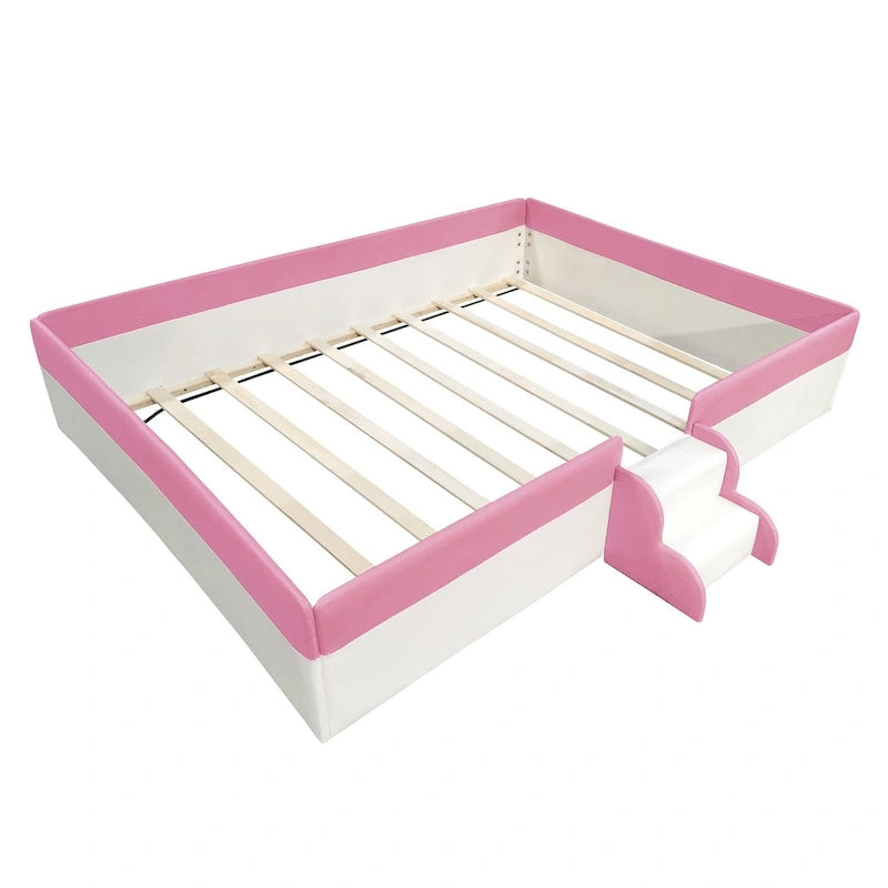 Lit de sol pour enfants avec barrière, cadre de lit de jour rembourré en PU, lit à lattes en bois avec petit escalier pour enfants filles et garçons