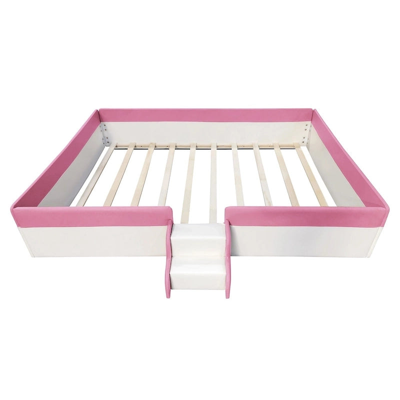 Lit de sol pour enfants avec barrière, cadre de lit de jour rembourré en PU, lit à lattes en bois avec petit escalier pour enfants filles et garçons
