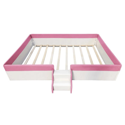 Lit de sol pour enfants avec barrière, cadre de lit de jour rembourré en PU, lit à lattes en bois avec petit escalier pour enfants filles et garçons