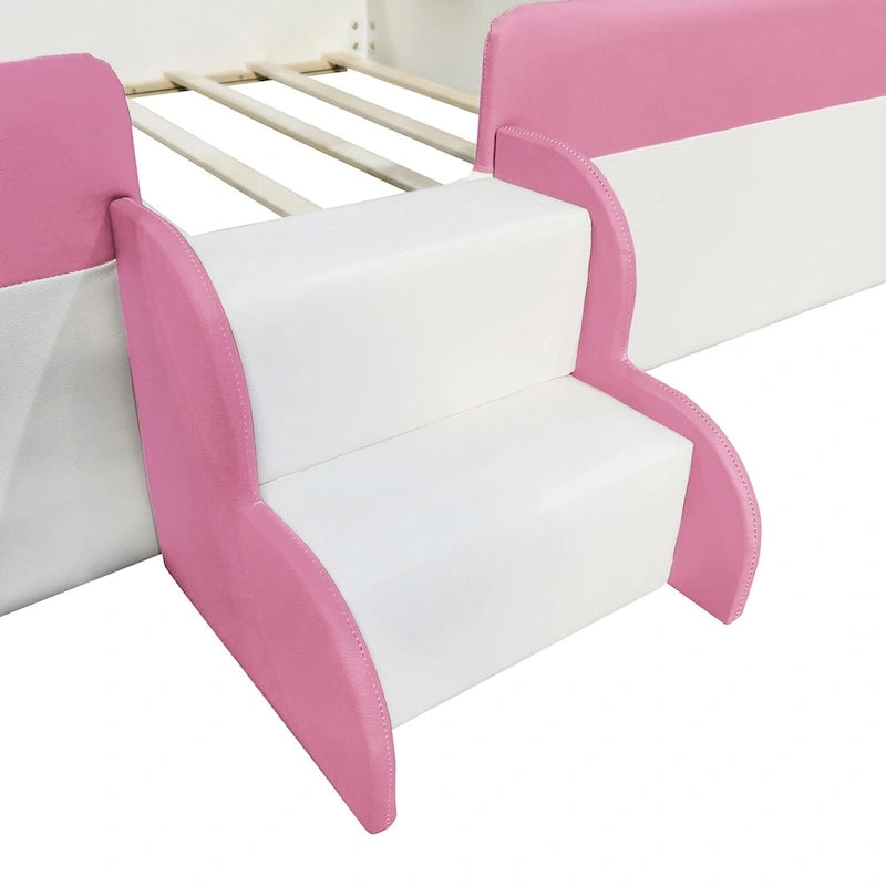 Lit de sol pour enfants avec barrière, cadre de lit de jour rembourré en PU, lit à lattes en bois avec petit escalier pour enfants filles et garçons