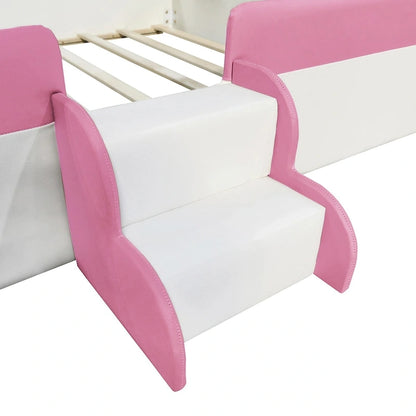 Lit de sol pour enfants avec barrière, cadre de lit de jour rembourré en PU, lit à lattes en bois avec petit escalier pour enfants filles et garçons