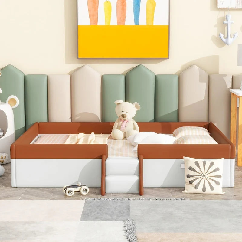 Lit de sol pour enfants avec barrière, cadre de lit de jour rembourré en PU, lit à lattes en bois avec petit escalier pour enfants filles et garçons
