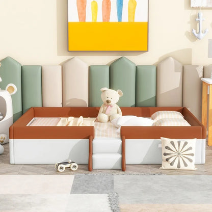 Lit de sol pour enfants avec barrière, cadre de lit de jour rembourré en PU, lit à lattes en bois avec petit escalier pour enfants filles et garçons