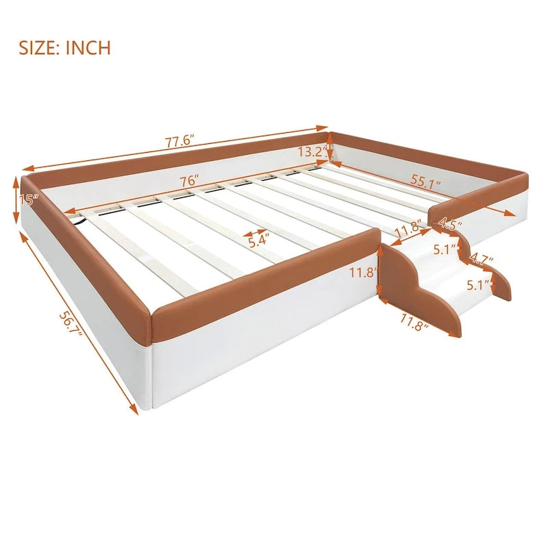Lit de sol pour enfants avec barrière, cadre de lit de jour rembourré en PU, lit à lattes en bois avec petit escalier pour enfants filles et garçons