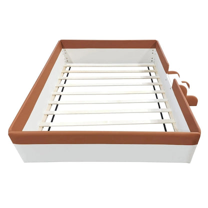 Lit de sol pour enfants avec barrière, cadre de lit de jour rembourré en PU, lit à lattes en bois avec petit escalier pour enfants filles et garçons