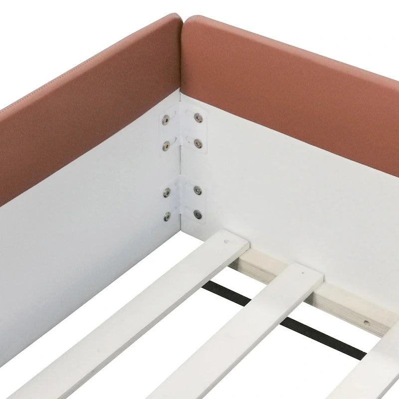 Lit de sol pour enfants avec barrière, cadre de lit de jour rembourré en PU, lit à lattes en bois avec petit escalier pour enfants filles et garçons