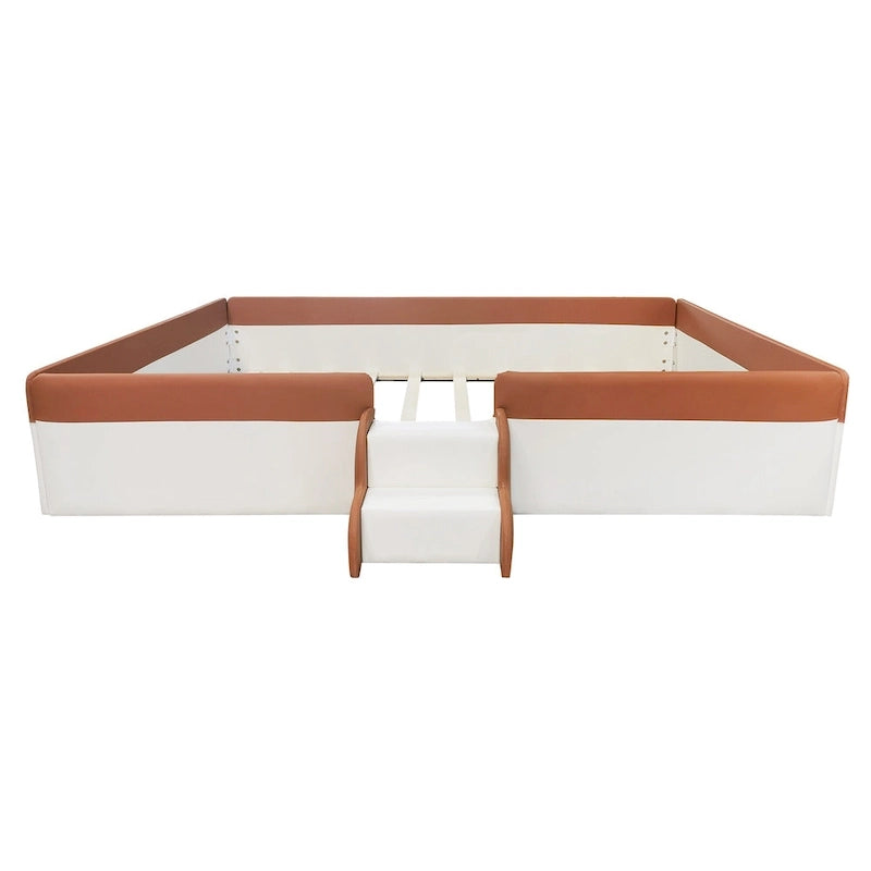 Lit de sol pour enfants avec barrière, cadre de lit de jour rembourré en PU, lit à lattes en bois avec petit escalier pour enfants filles et garçons