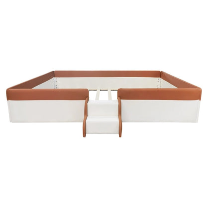 Lit de sol pour enfants avec barrière, cadre de lit de jour rembourré en PU, lit à lattes en bois avec petit escalier pour enfants filles et garçons