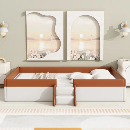 Lit de sol pour enfants avec barrière, cadre de lit de jour rembourré en PU, lit à lattes en bois avec petit escalier pour enfants filles et garçons