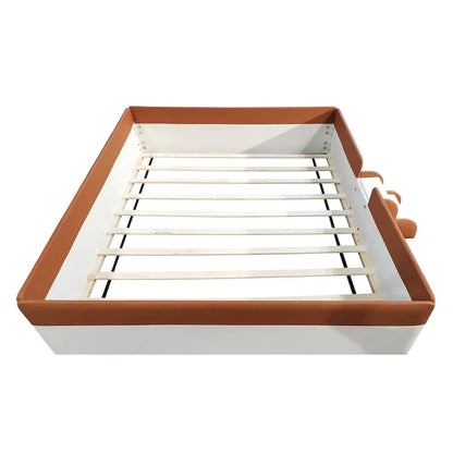 Lit de sol pour enfants avec barrière, cadre de lit de jour rembourré en PU, lit à lattes en bois avec petit escalier pour enfants filles et garçons
