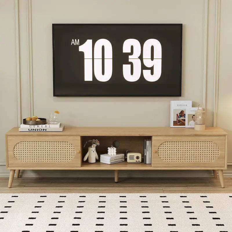 Meuble TV pour téléviseurs jusqu'à 80 pouces, console multimédia moderne, centre de divertissement avec pieds en bois, meuble TV pour salon