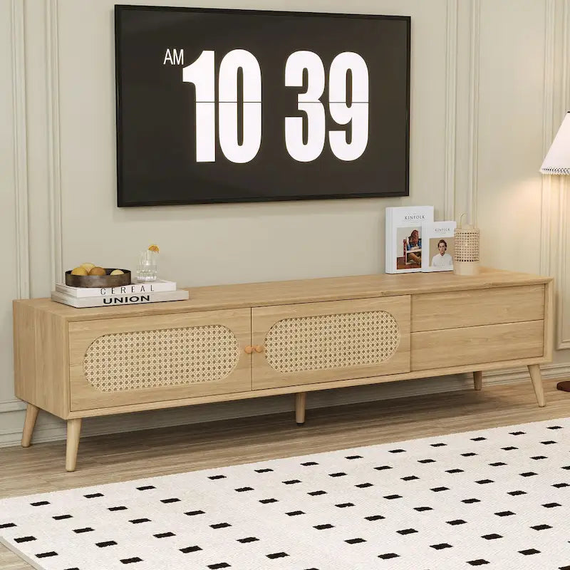 Meuble TV pour téléviseurs jusqu'à 80 pouces, console multimédia moderne, centre de divertissement avec pieds en bois, meuble TV pour salon