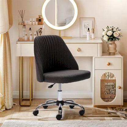 Chaise de bureau pivotante chic à dossier capitonné en tissu, idéale pour la maison et le maquillage.